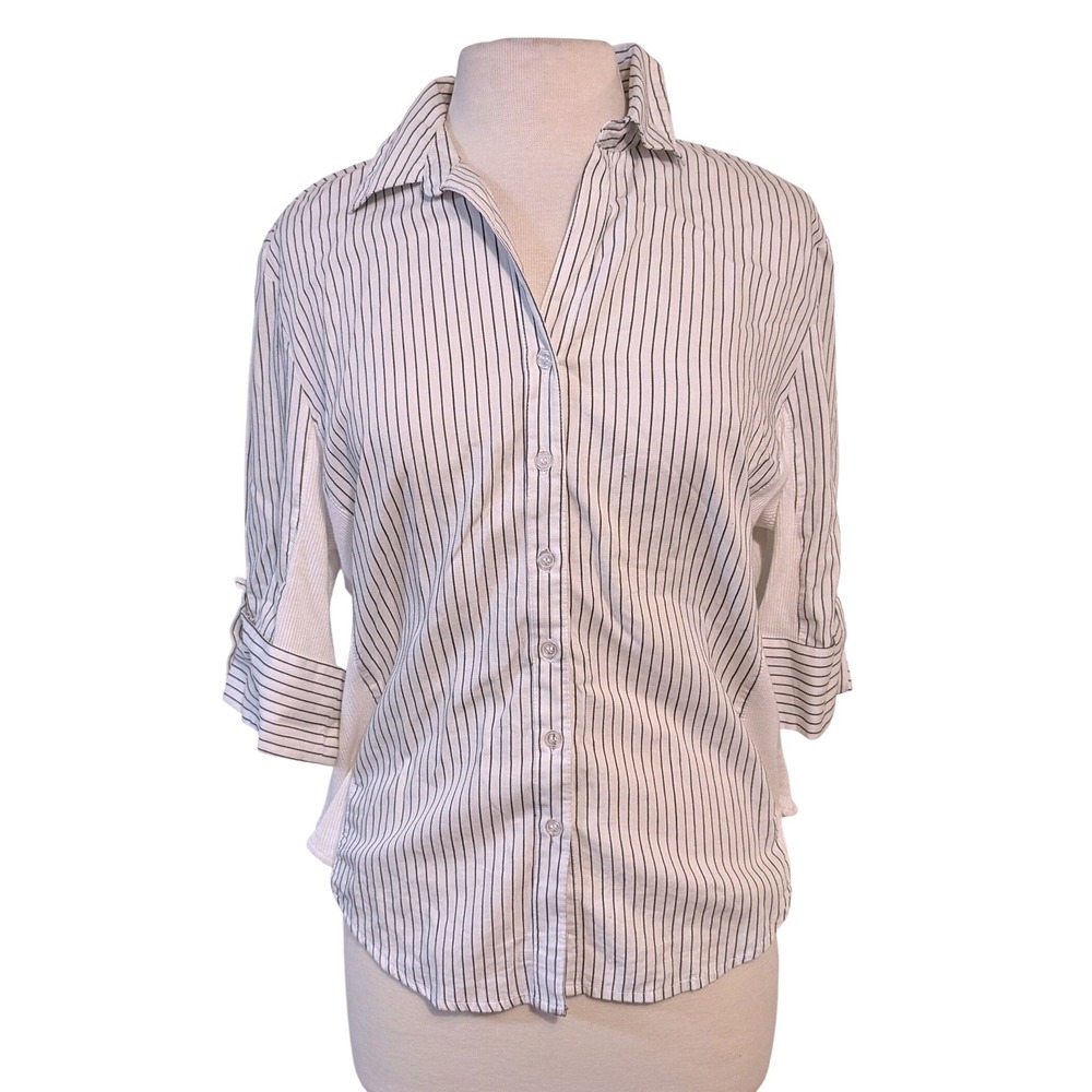 Hester & Orchard XL Pinstripe Button Up Shirt Roll Tab Sleeve Side Panel White - Picture 2 of 10